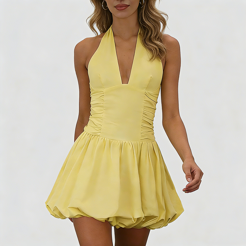Juliette bow-back mini dress by Belle Soié — sleeveless cotton mini with halter neckline