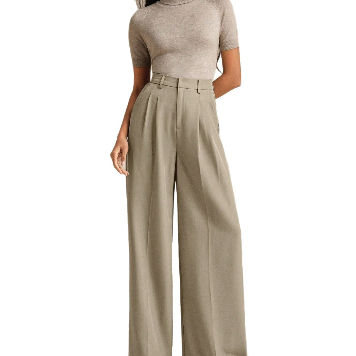 Atelier straight-leg trouser by Belle Soié — loose mid-waist trousers in dark khaki