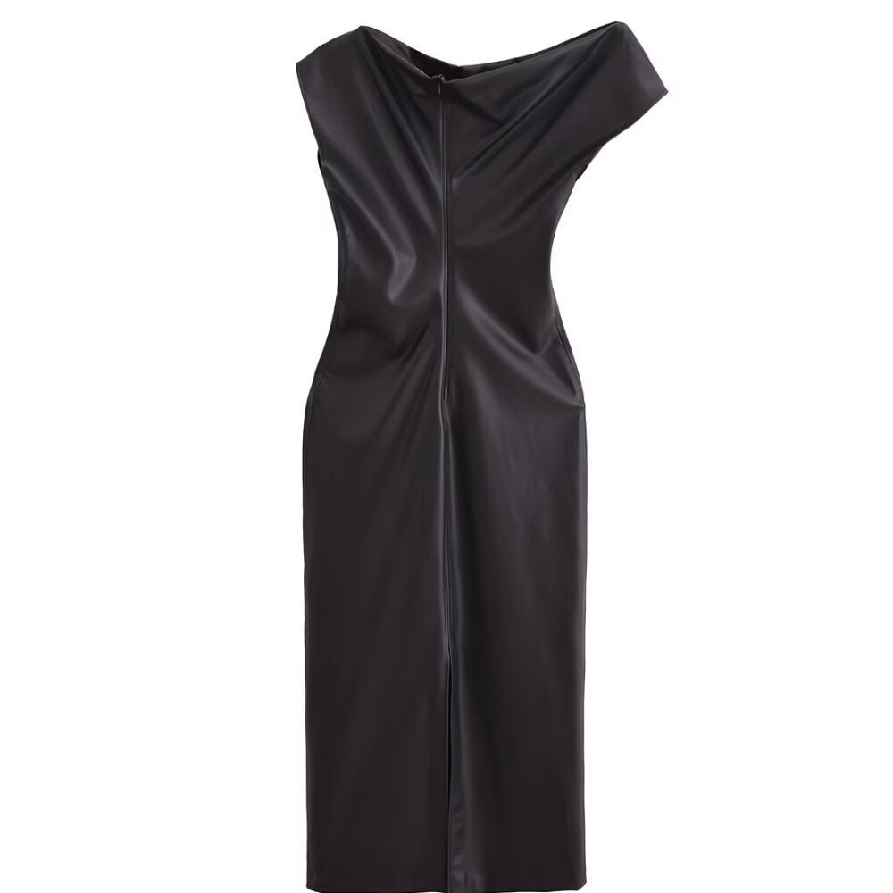Anaïs Asymmetric Faux Leather Midi Dress