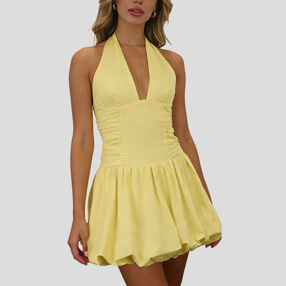 Juliette mini dress showing the open back and long ribbon tie finished in a bow
