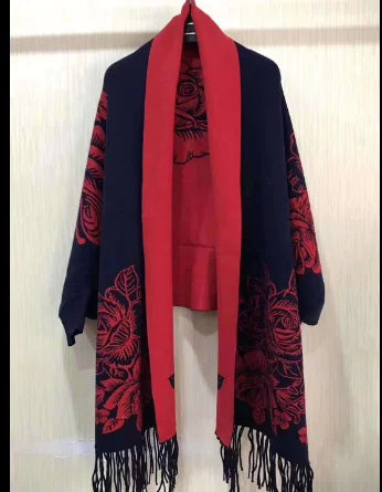 Isabeau Floral Knit Tassel Poncho