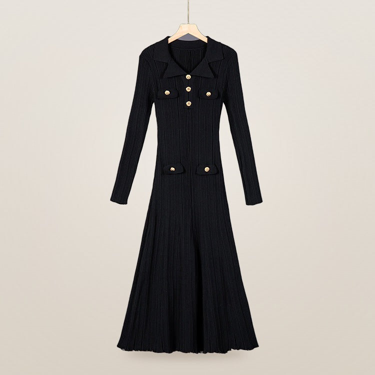 Amandine polo-collar knit maxi dress in black
