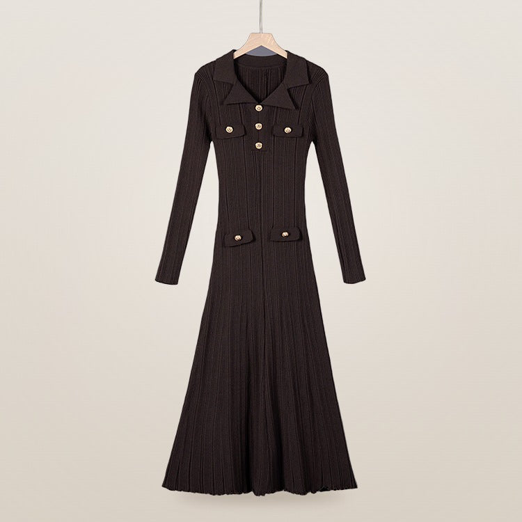 Amandine polo-collar knit maxi dress in brown, flat view