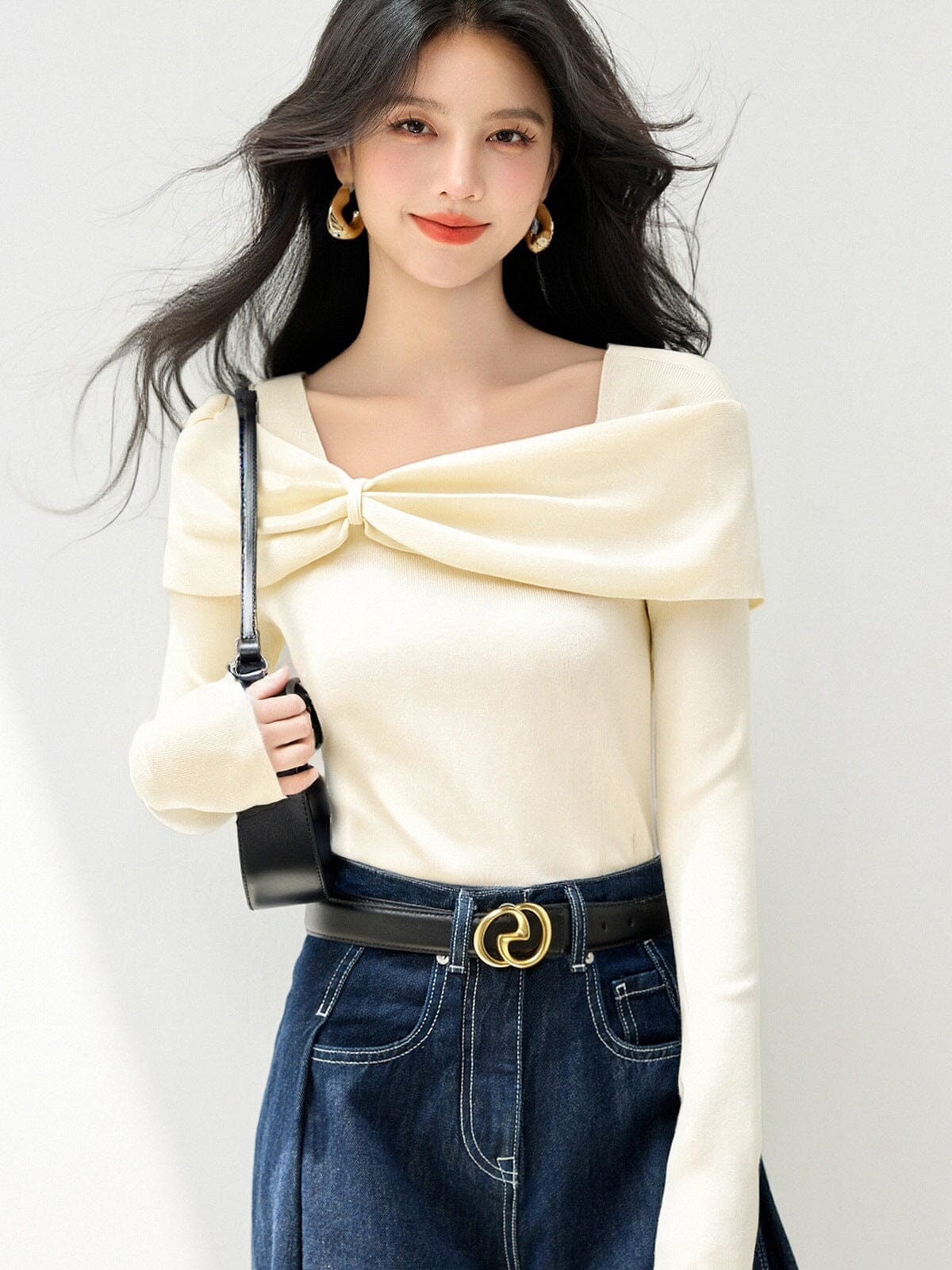 Aria off-shoulder knit by Belle Soié — cream long sleeve sweater with off-shoulder neckline