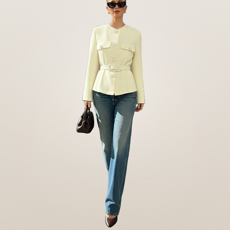Bérénice belted blazer styled with straight-leg jeans