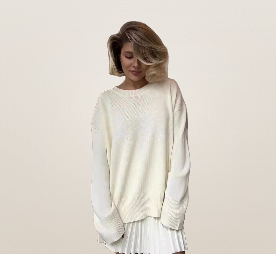 Capucine knit sweater and pleated skirt set in ivory, front view