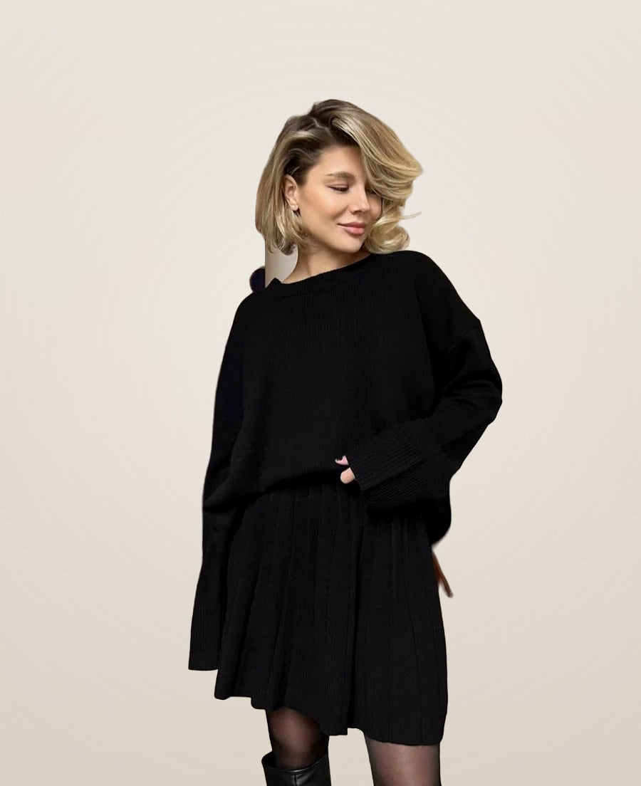 Capucine knit set in black styled with knee boots