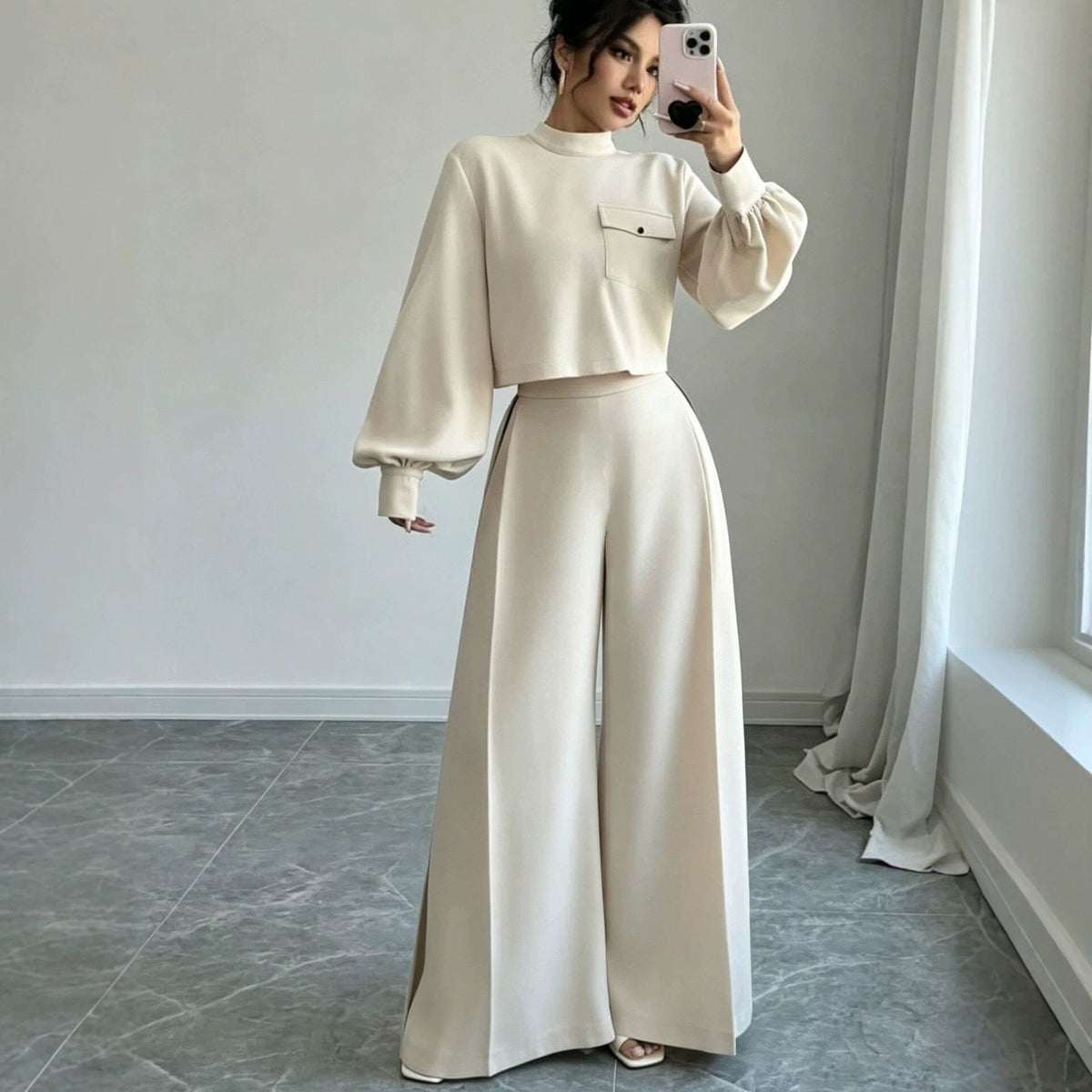 Céline wide-leg co-ord set by Belle Soié — matching half-high neck long sleeve top and wide-leg trousers