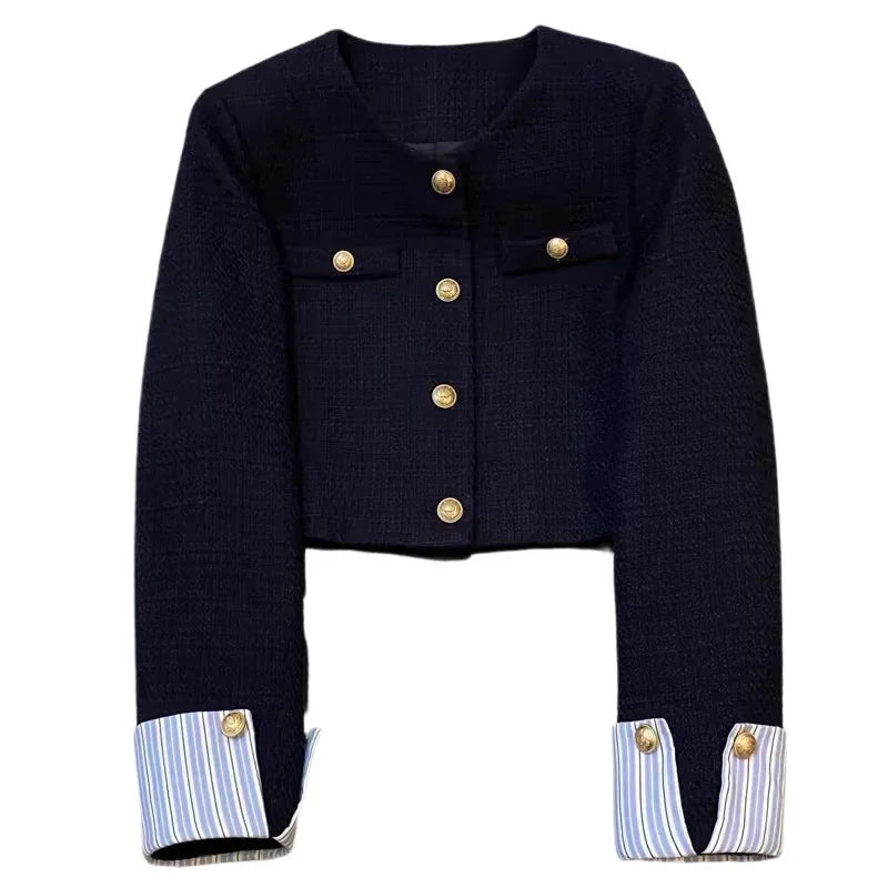 Clémence navy cropped jacket with gold-tone buttons and pale-blue striped cuffs, front view