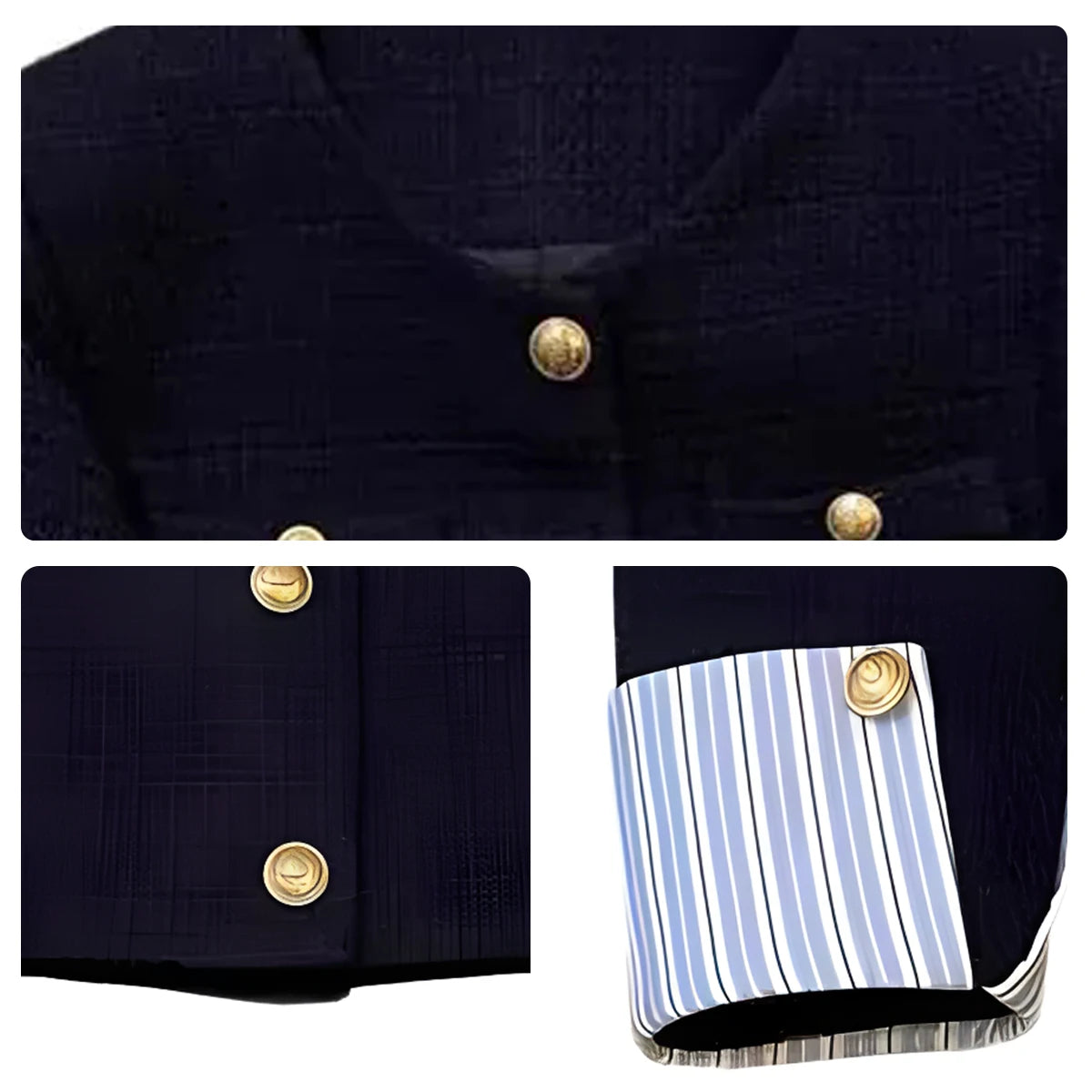 Detail views of the Clémence jacket neckline, button and striped cuff
