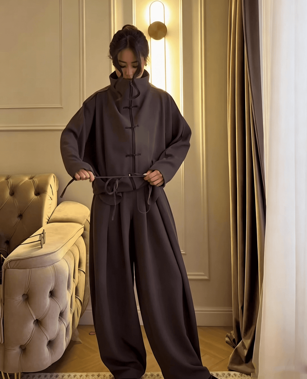 Cocoon cardigan set by Belle Soié — relaxed open-front cardigan with matching wide-leg trousers