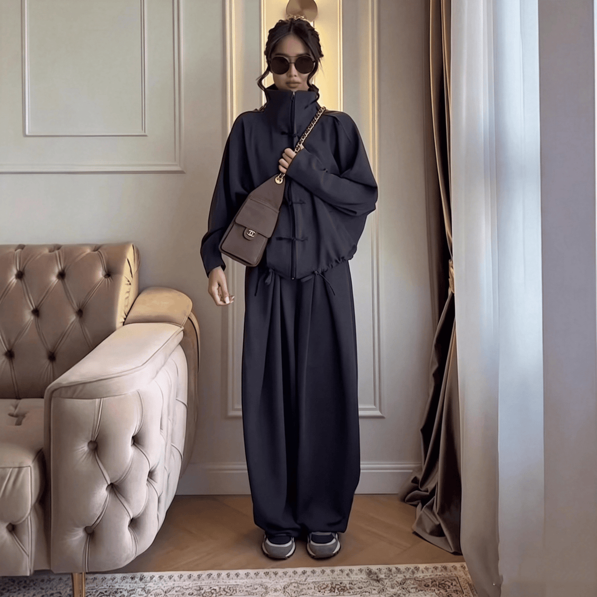 Cocoon two-piece set showing the oversized cardigan and wide-leg trouser drape
