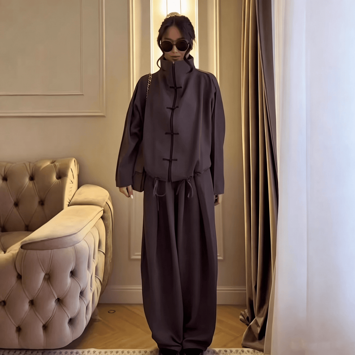 Cocoon cardigan and trouser set, available in black, brown and charcoal