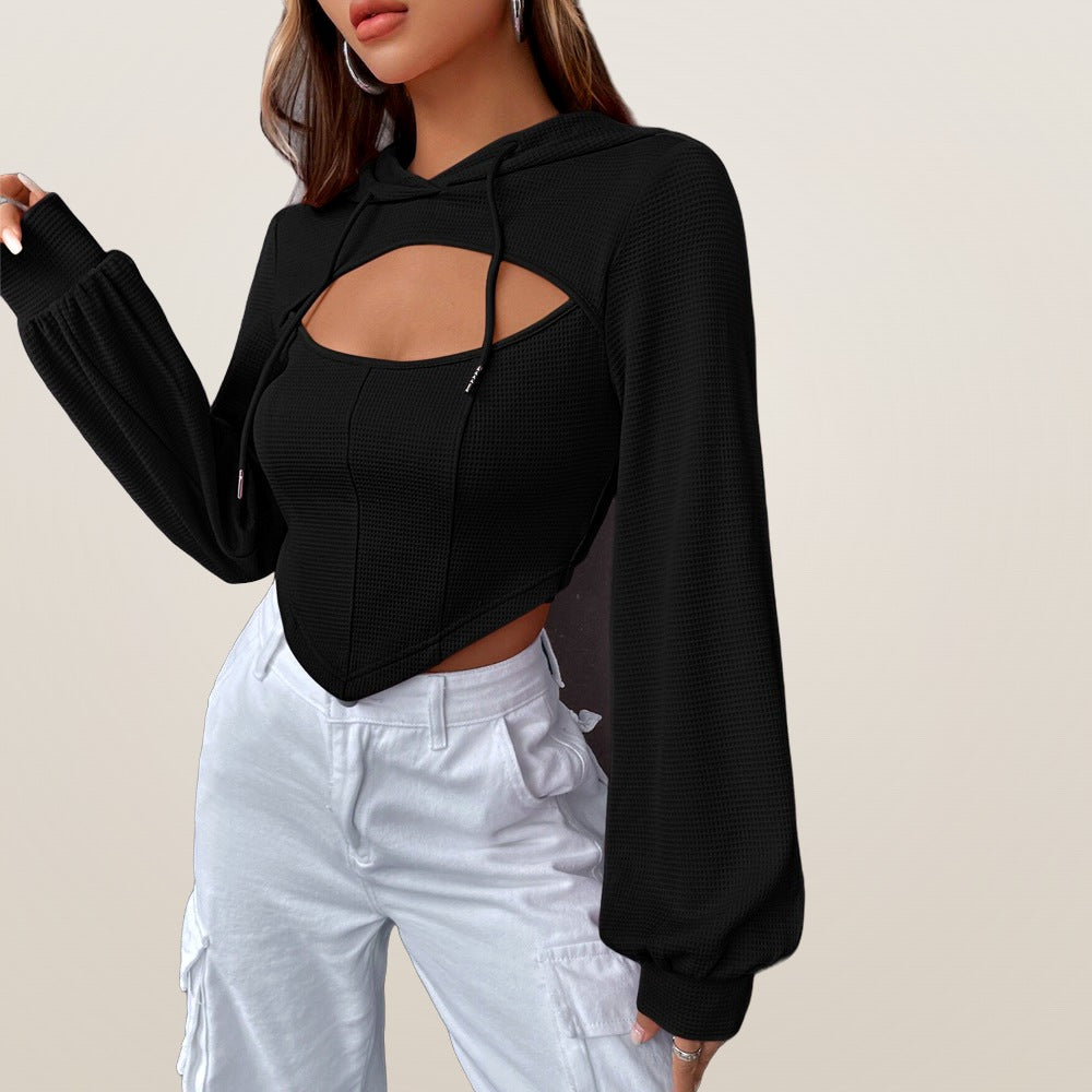 Lucie cut-out top in black, angled view