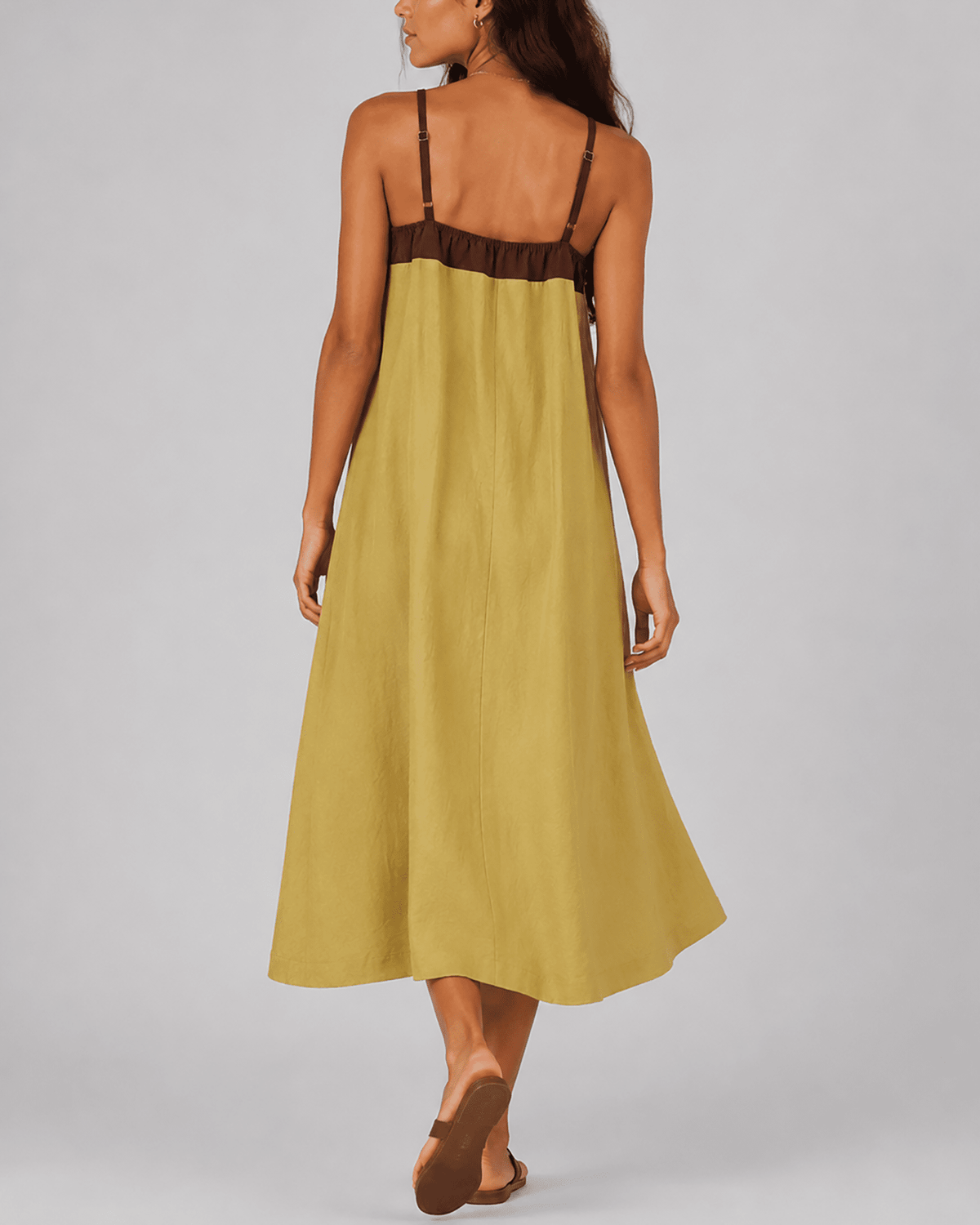 Margaux maxi dress showing the loose colour-blocked cut and adjustable straps