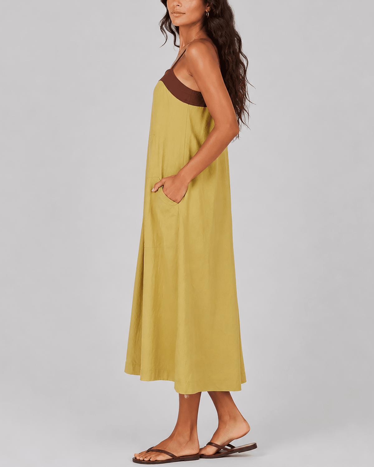 Margaux cotton linen maxi dress with side pockets, square neck and fine straps