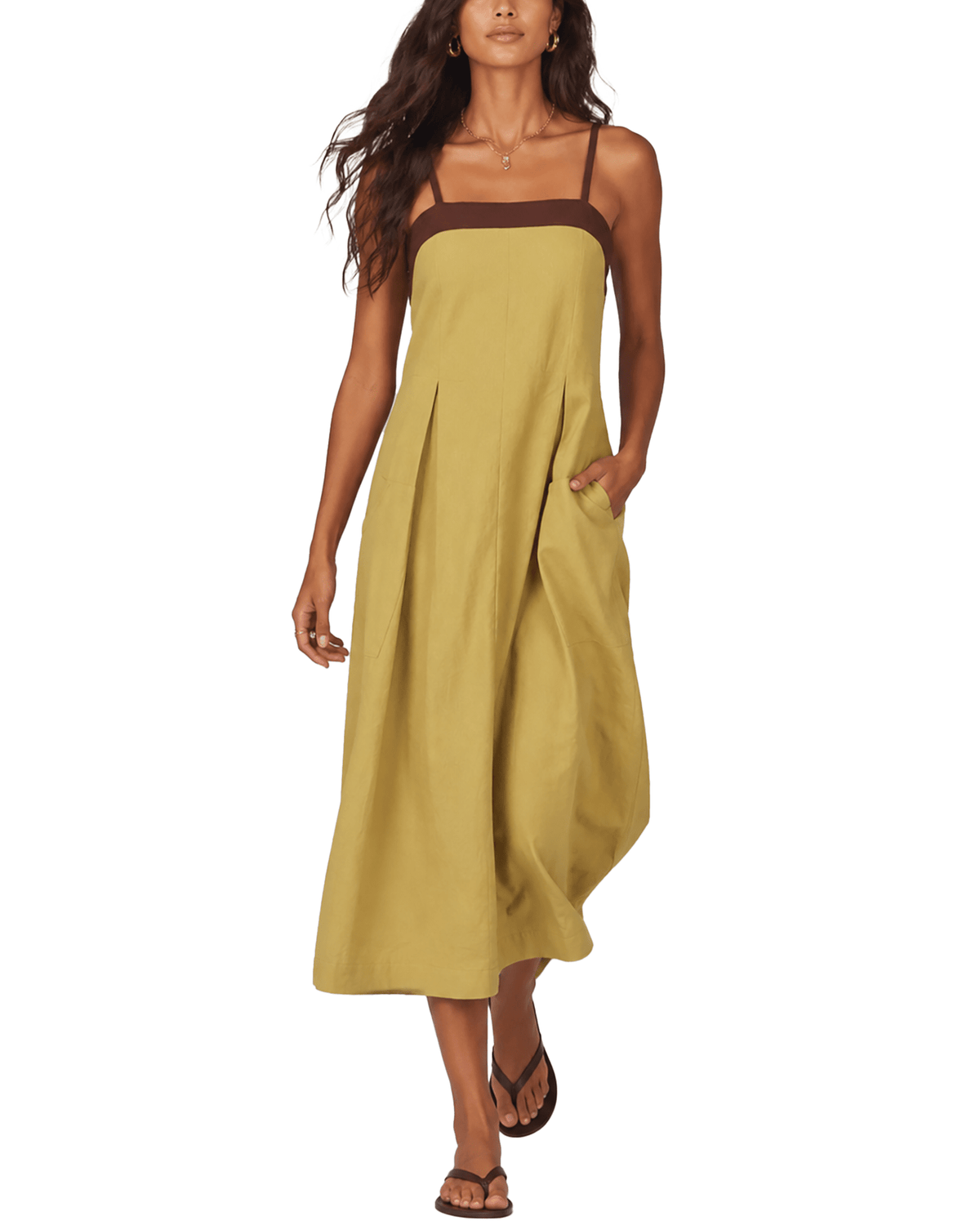 Margaux linen maxi dress by Belle Soié — sleeveless cotton linen maxi with square neckline and pockets