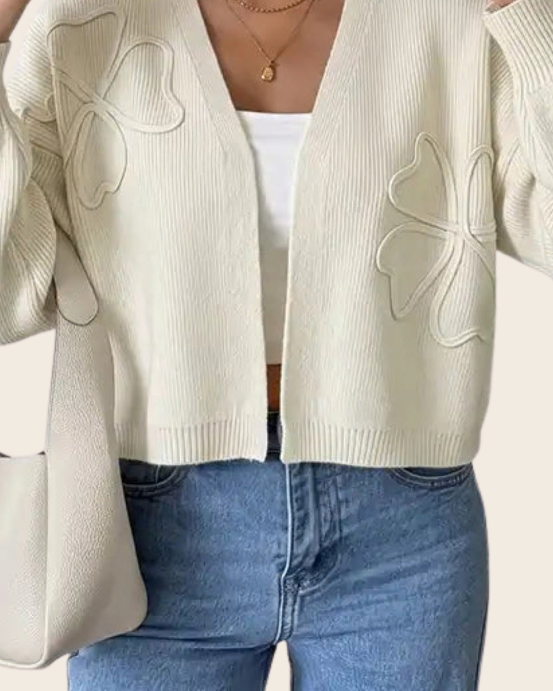 Noémie V-Neck Embroidered Cardigan in beige, front view