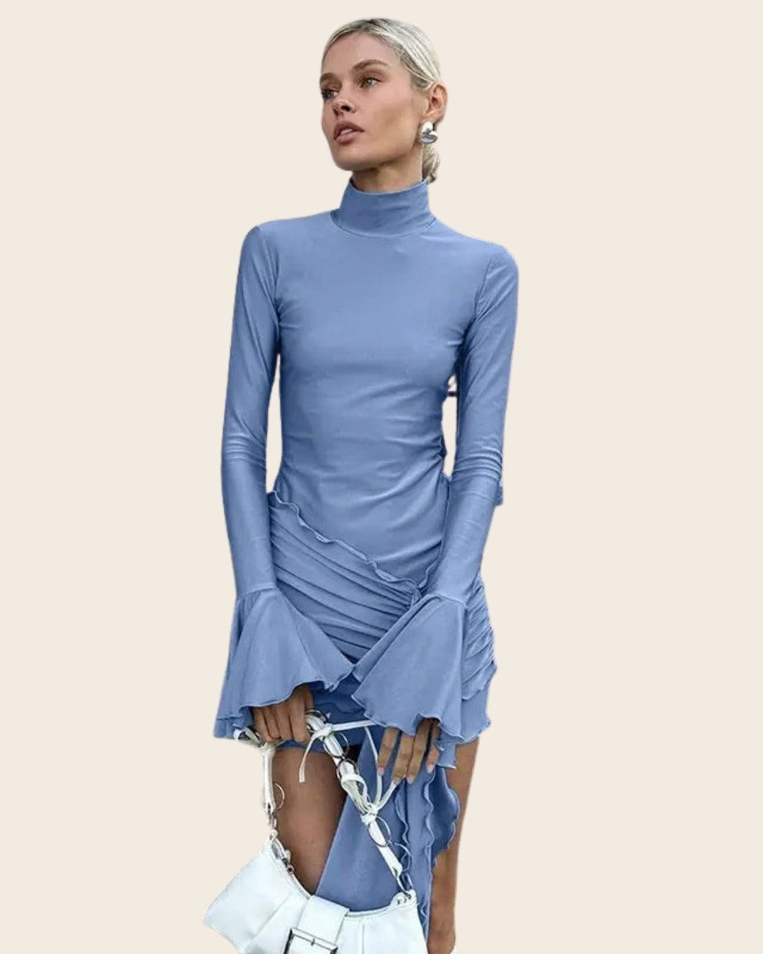 Odette Mock-Neck Midi Dress in blue, front view