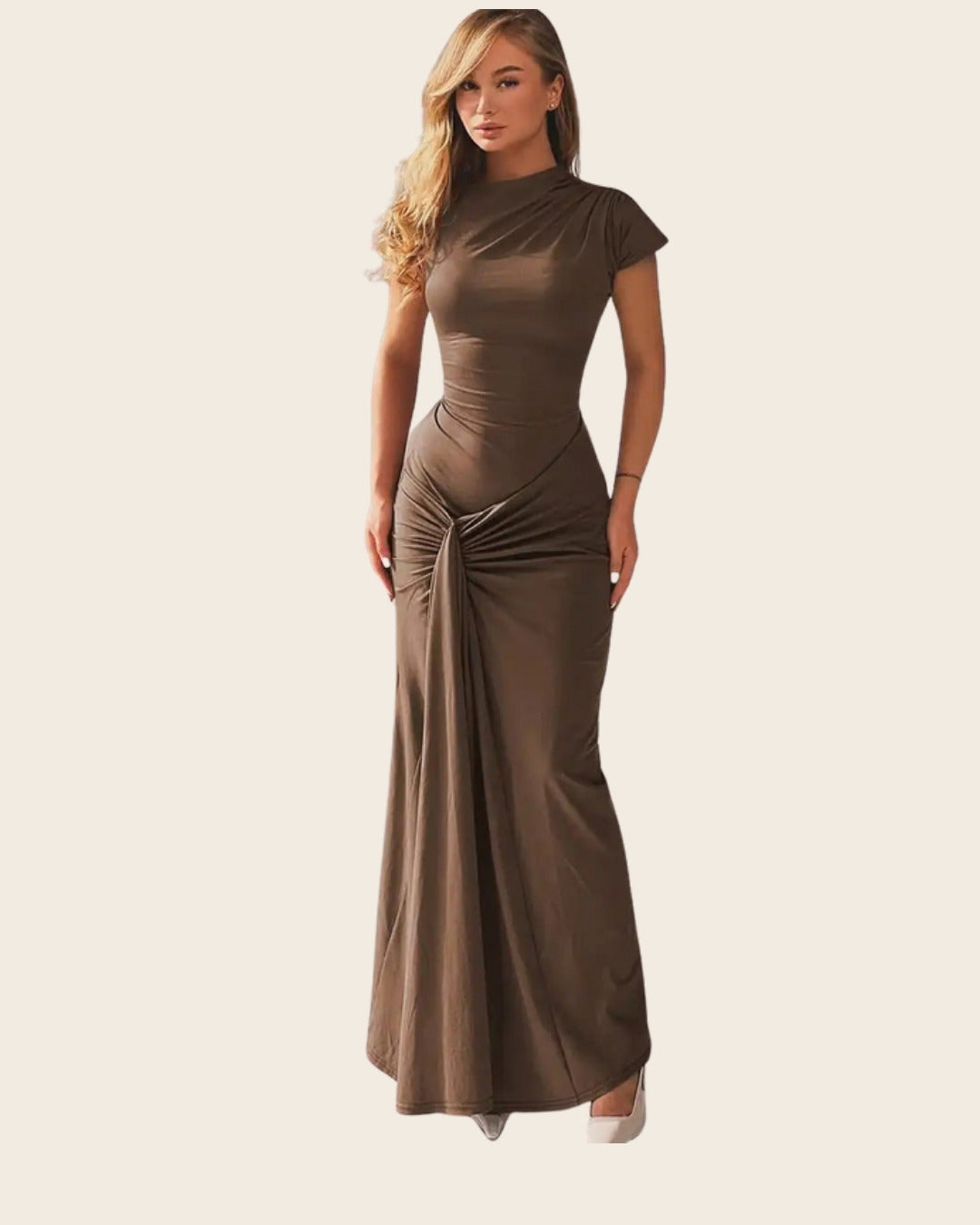 Séraphine Satin Maxi Dress in brown, front view