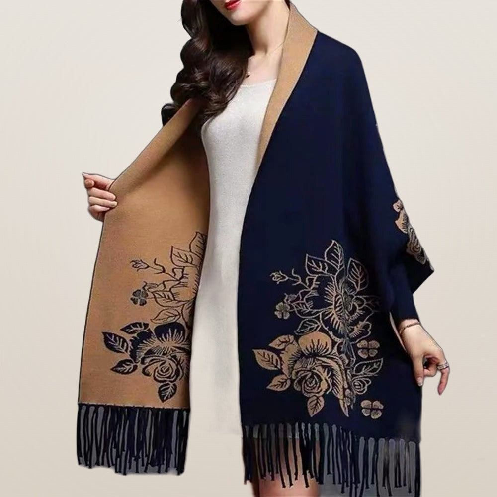 Isabeau floral knit tassel poncho in navy and camel