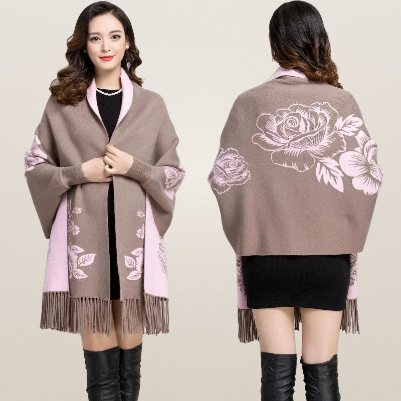 Isabeau poncho in khaki, front and back