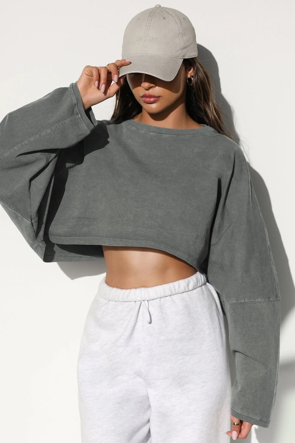 Solène cropped sweatshirt by Belle Soié — round neck long sleeve top in viscose blend