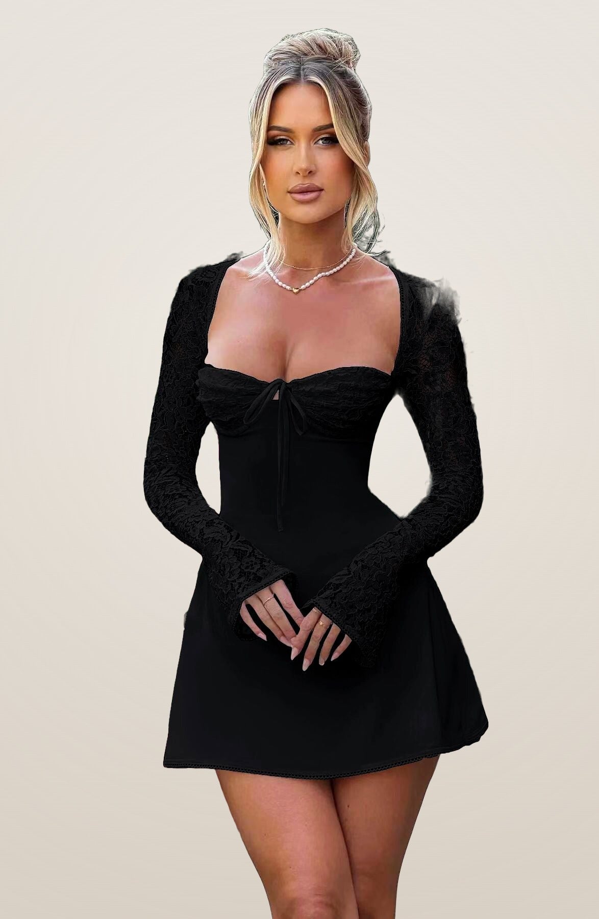 Valentine lace open-back mini dress in black