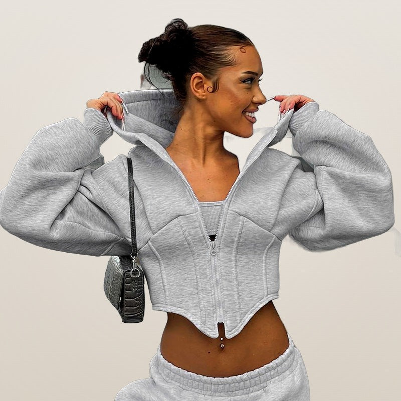 Zoé fleece zip-up hoodie in grey, side view