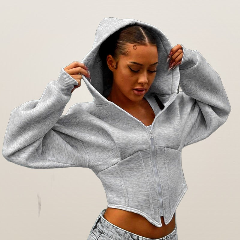 Zoé fleece zip-up hoodie in grey with hood up