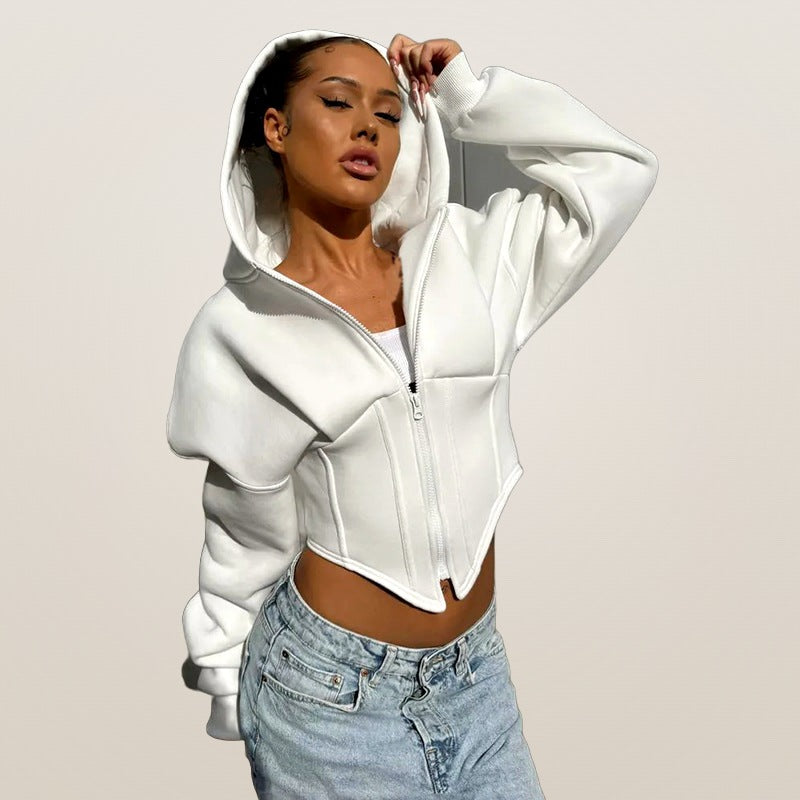 Zoé fleece zip-up hoodie in white with jeans